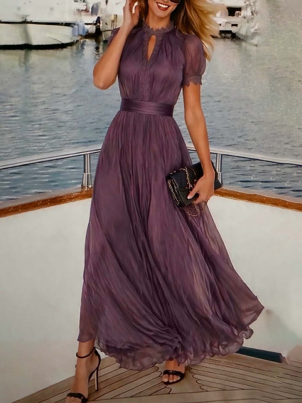 Beatrice — Robe longue en mousseline de soie violette à col en clé