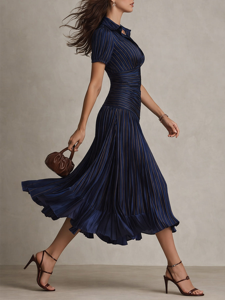 Adriana — Robe Midi en Satin à Rayures Vintage