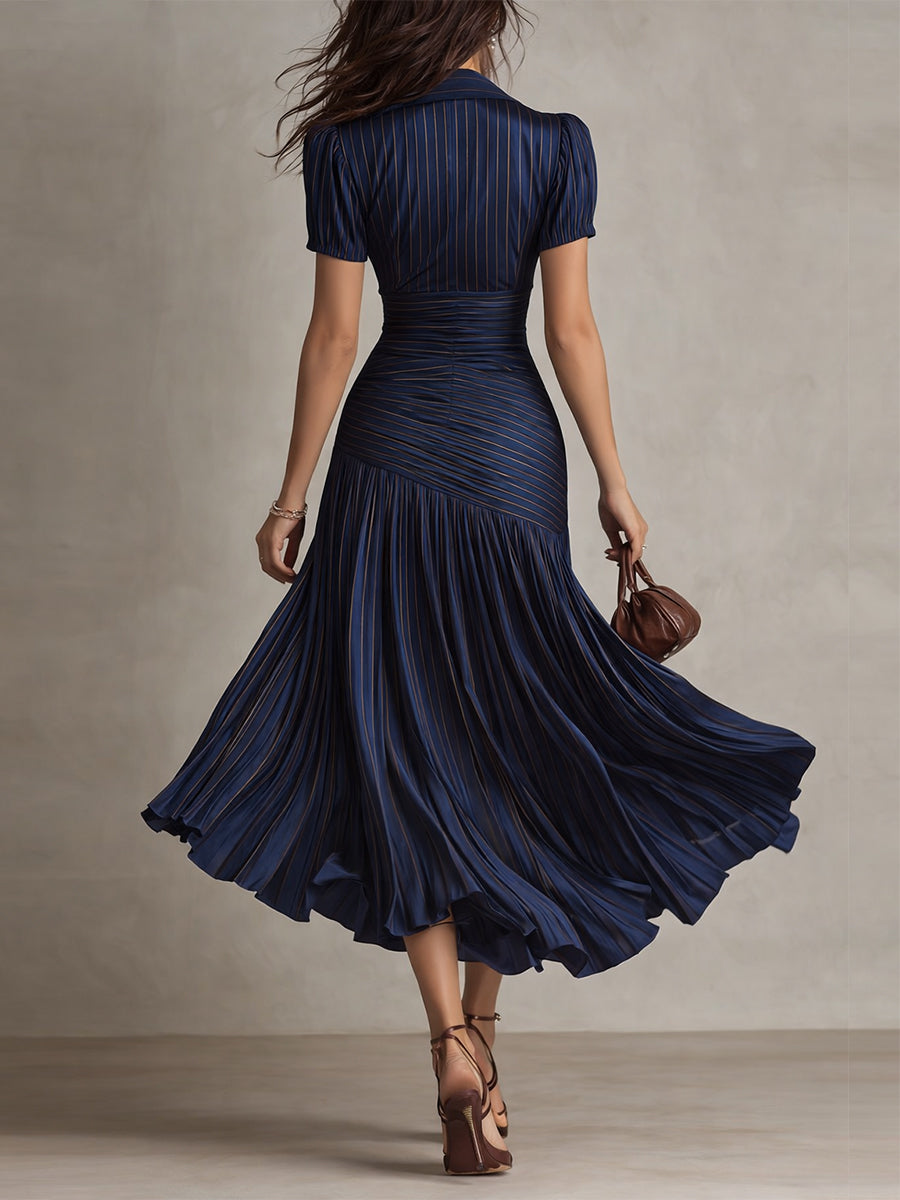 Adriana — Robe Midi en Satin à Rayures Vintage