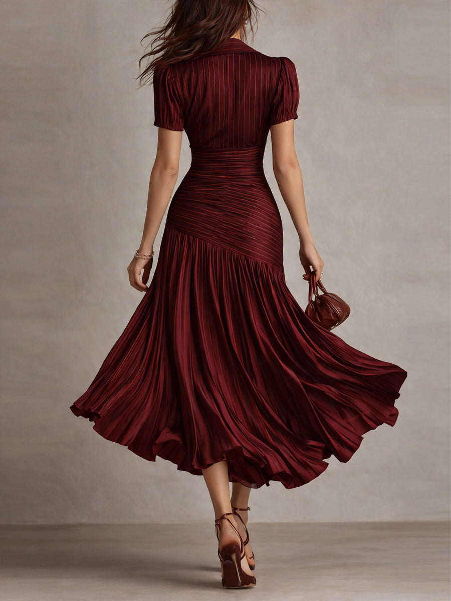 Adriana — Robe Midi en Satin à Rayures Vintage