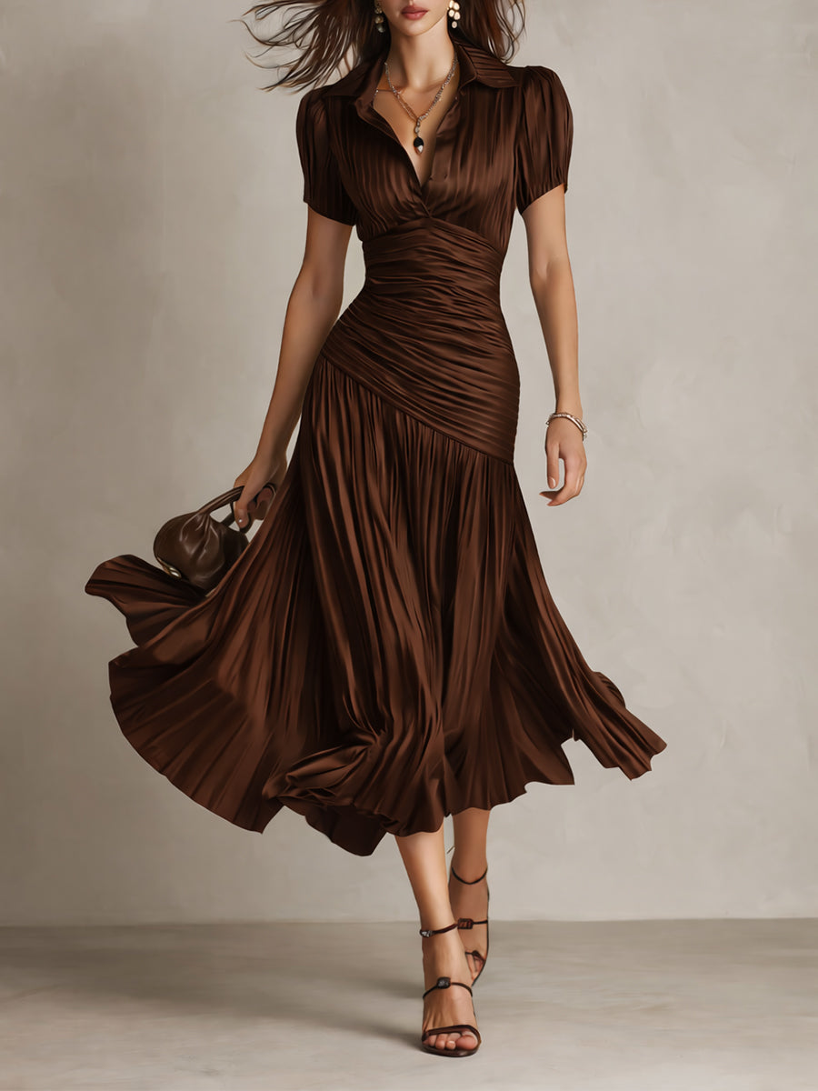 Adriana — Robe Midi en Satin à Rayures Vintage