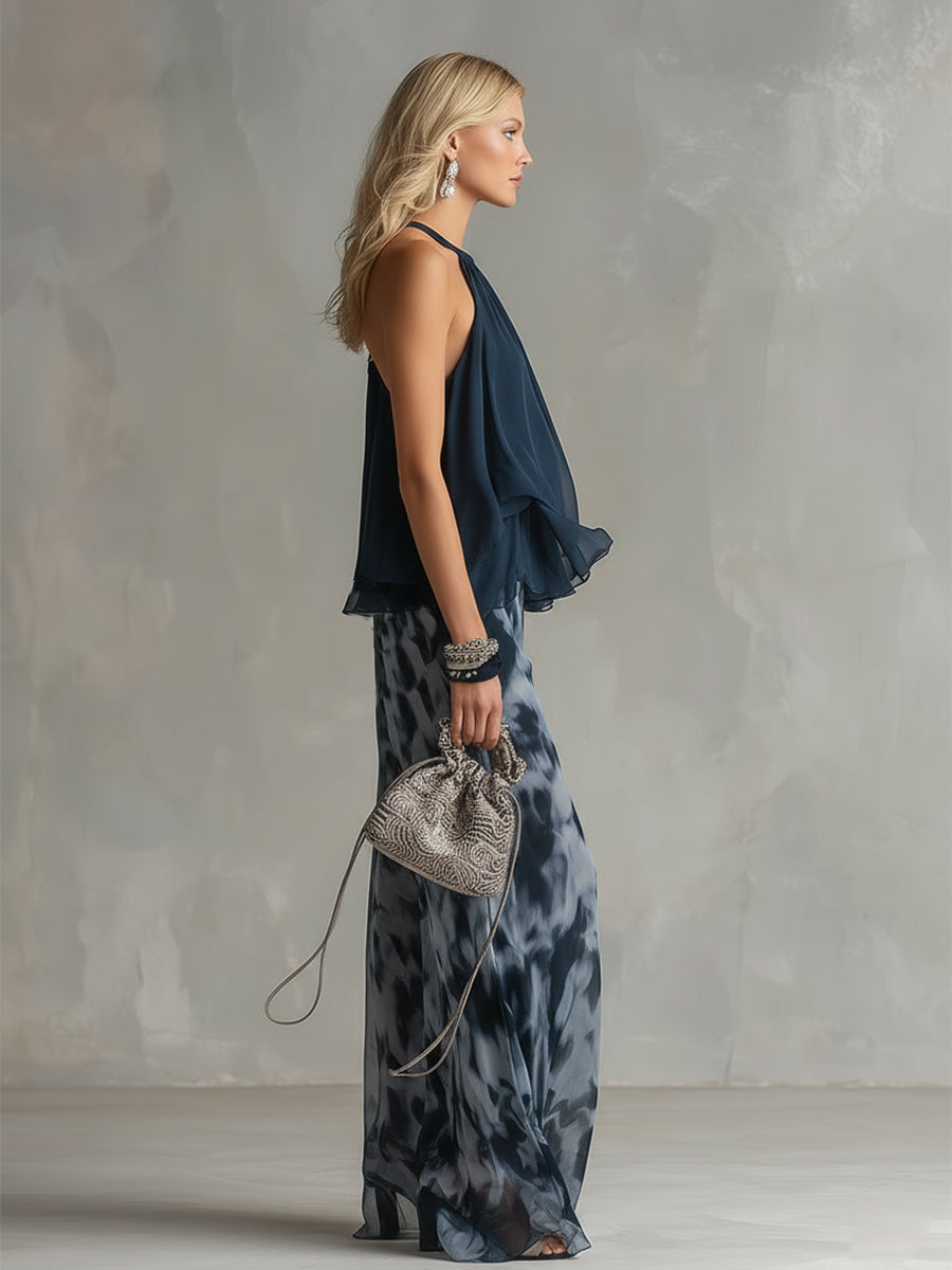 Ludovica — Ensemble avec Top Halter Bleu Marine et Pantalon Imprimé
