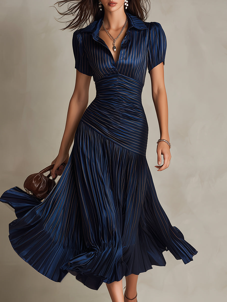 Adriana — Robe Midi en Satin à Rayures Vintage