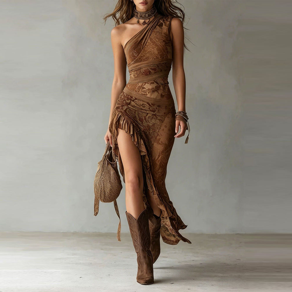 Elena — Vestido maxi estampado con hombros descubiertos