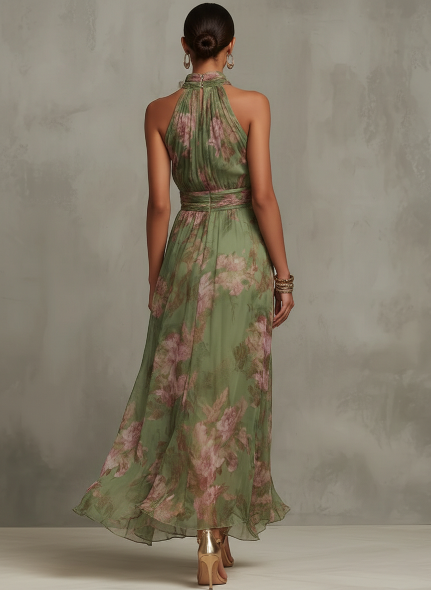 Serena — Robe longue en mousseline fleurie à col américain