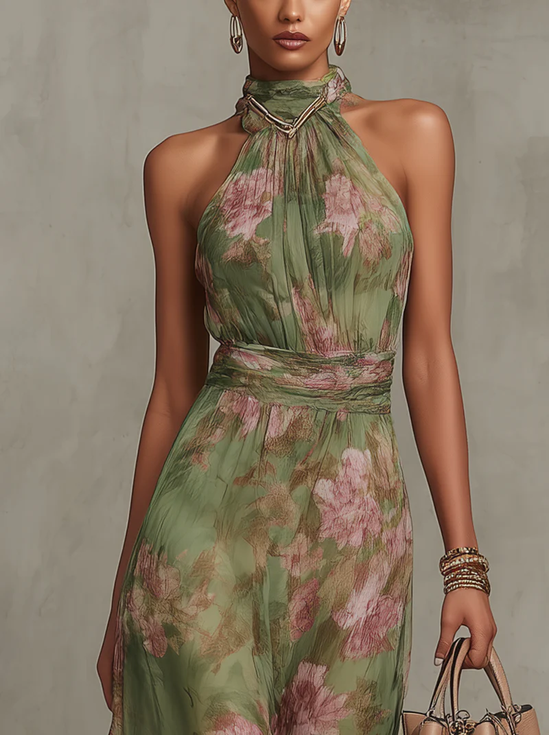 Serena — Robe longue en mousseline fleurie à col américain
