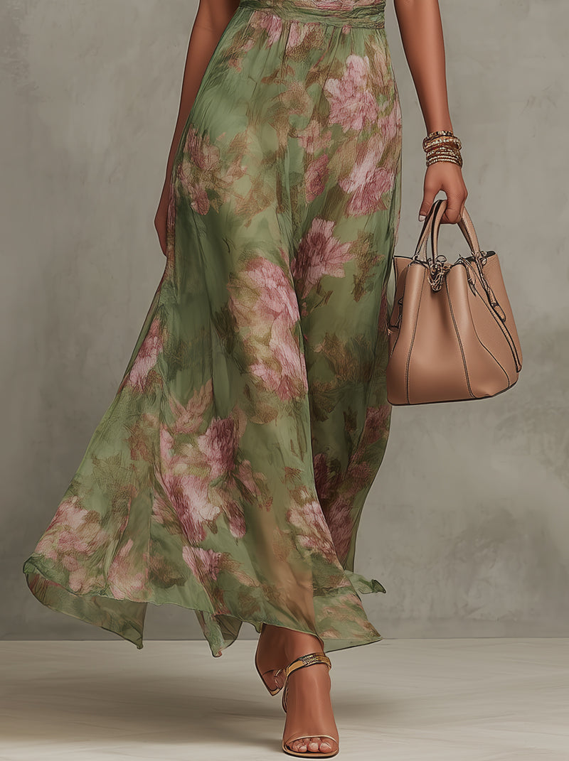 Serena — Robe longue en mousseline fleurie à col américain