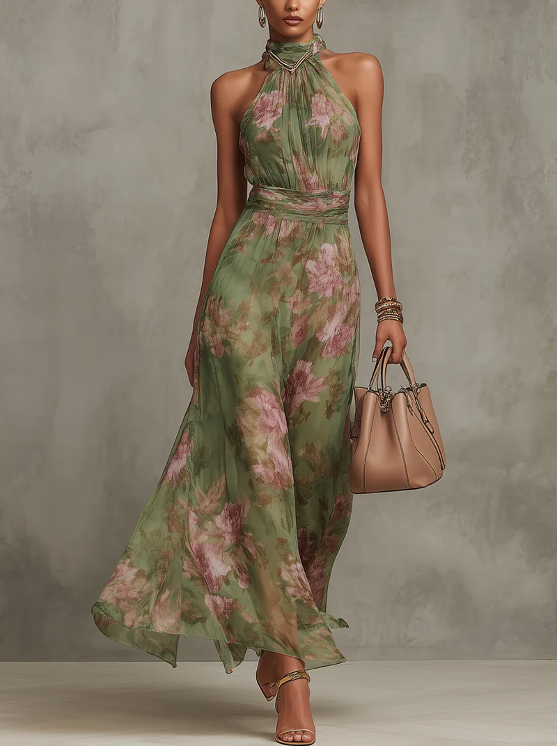 Serena — Robe longue en mousseline fleurie à col américain
