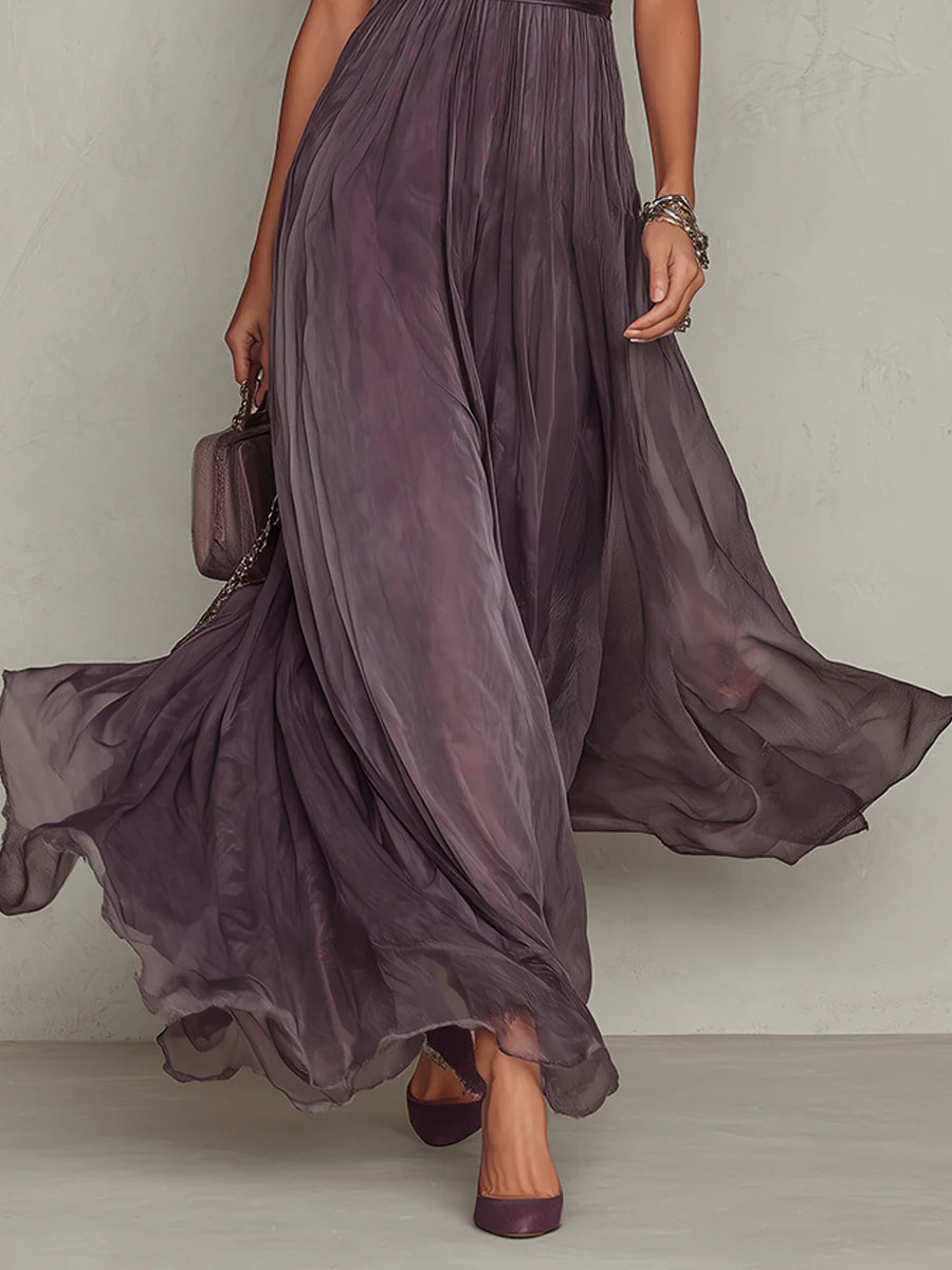Beatrice — Robe longue en mousseline de soie violette à col en clé