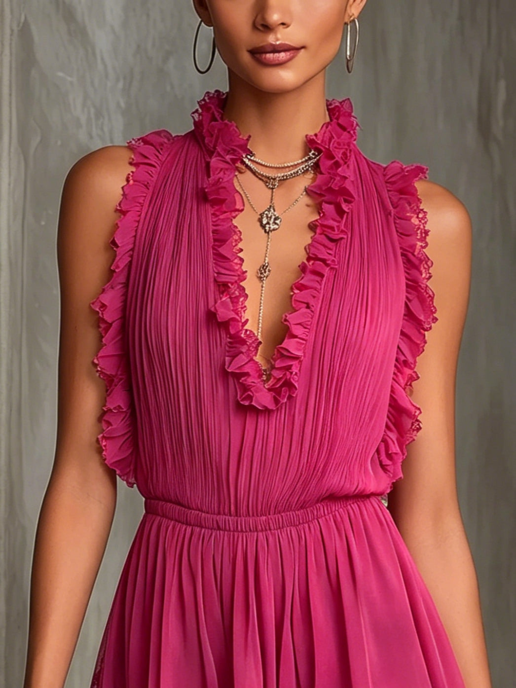 Robe salopette plissée en mousseline avec dentelle et volants fuchsia