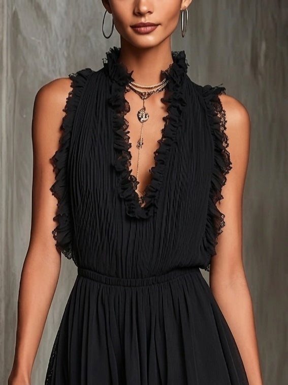 Vestido de chifón plisado negro con volantes
