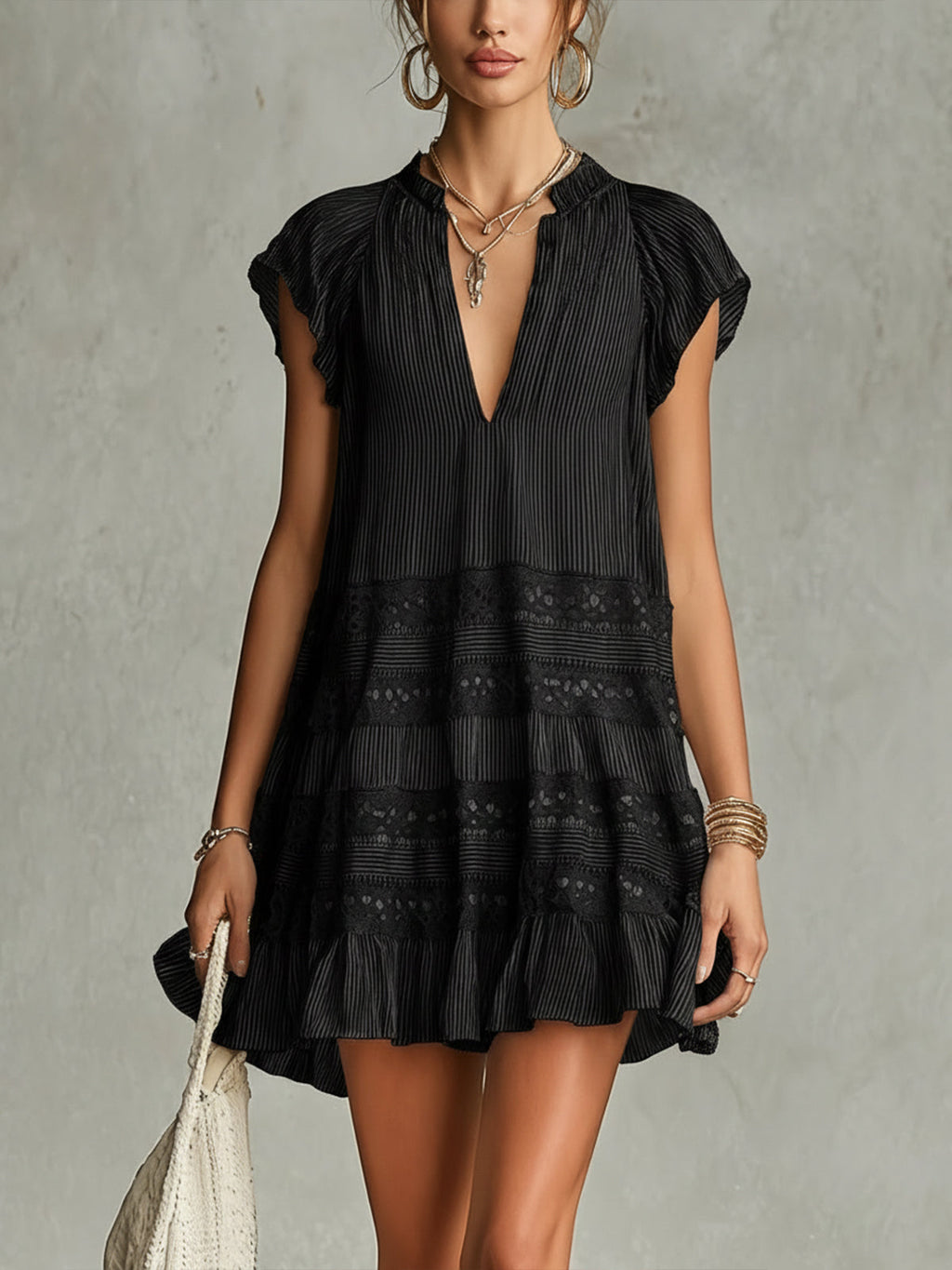 Robe Mini en Chiffon Rayé à Volants et Dentelle