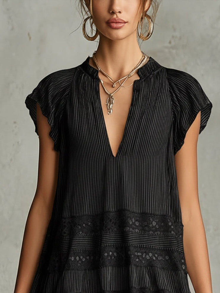 Robe Mini en Chiffon Rayé à Volants et Dentelle