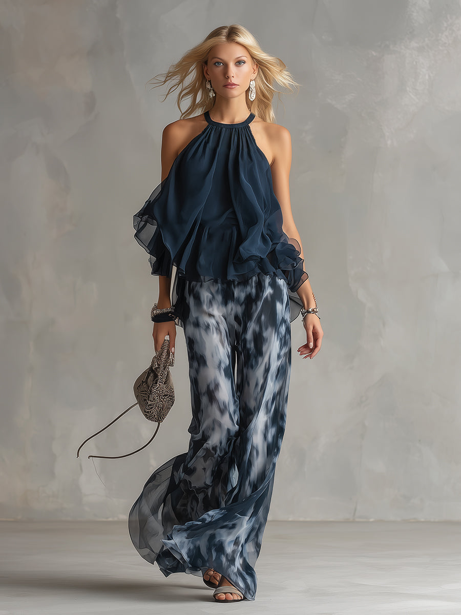 Ludovica — Ensemble avec Top Halter Bleu Marine et Pantalon Imprimé