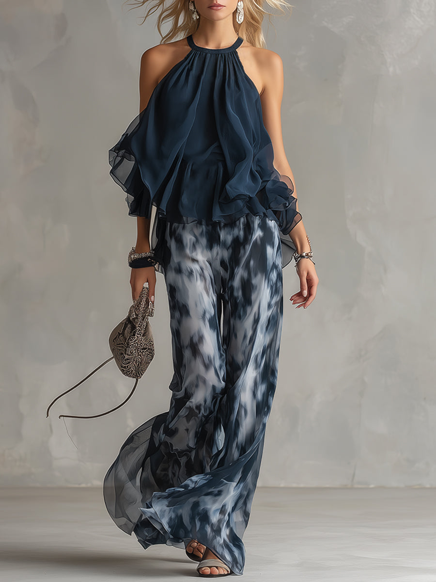Ludovica — Ensemble avec Top Halter Bleu Marine et Pantalon Imprimé