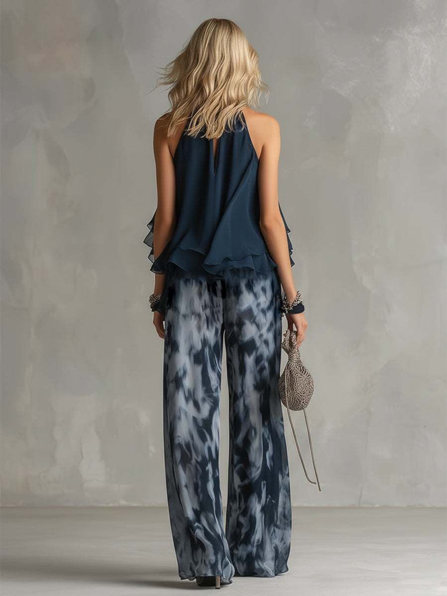Ludovica — Ensemble avec Top Halter Bleu Marine et Pantalon Imprimé