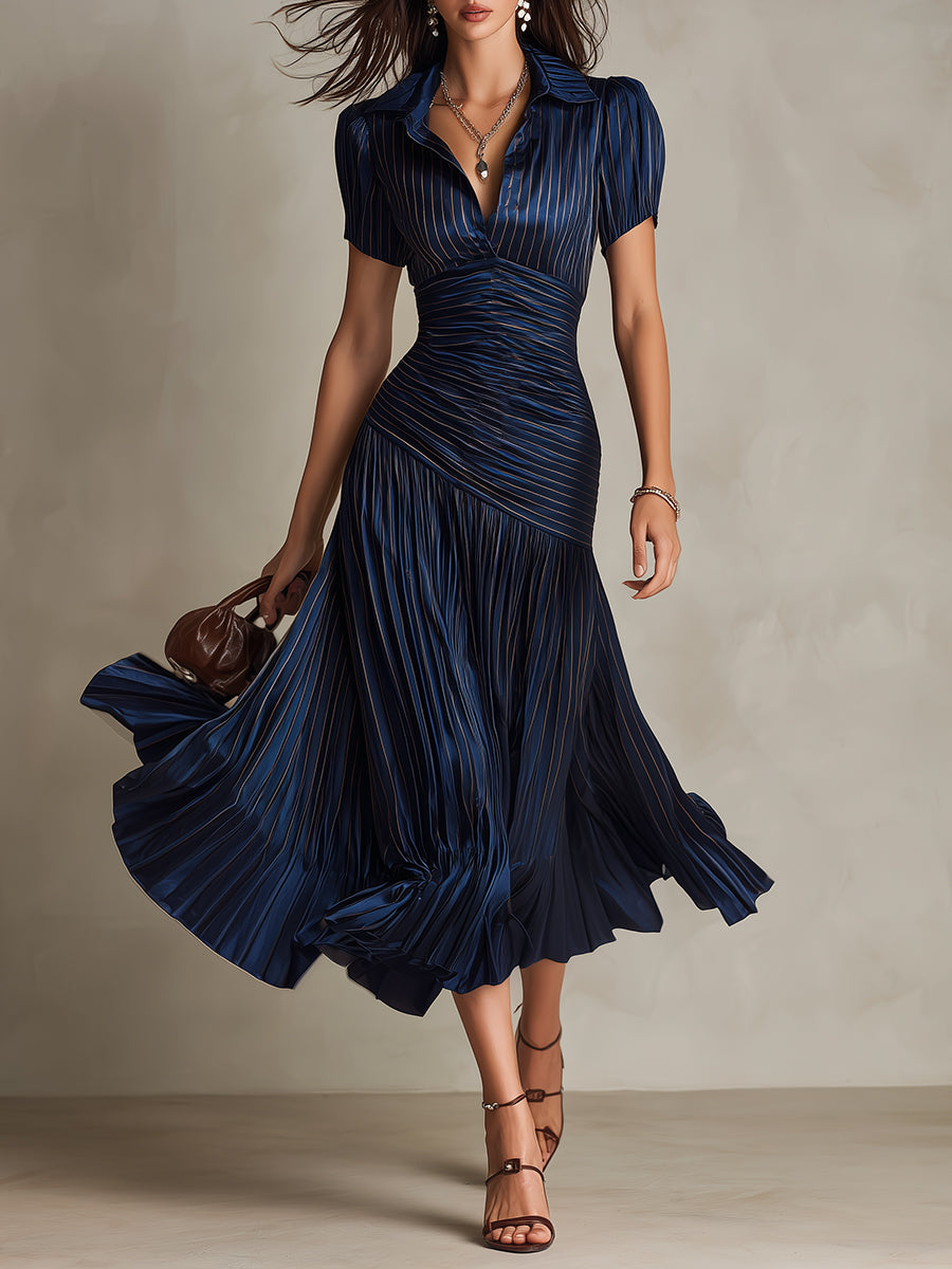 Adriana — Robe Midi en Satin à Rayures Vintage
